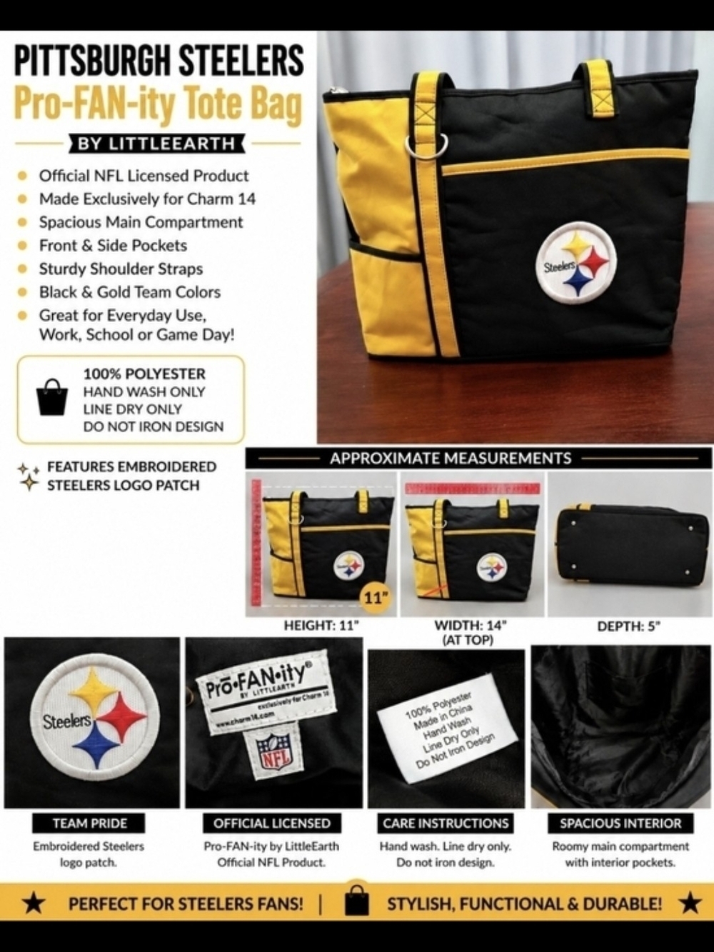 Pittsburgh Steelers Tote Bag + Matching Silicone Bracelet Fan Bundle - Picture 2 of 9